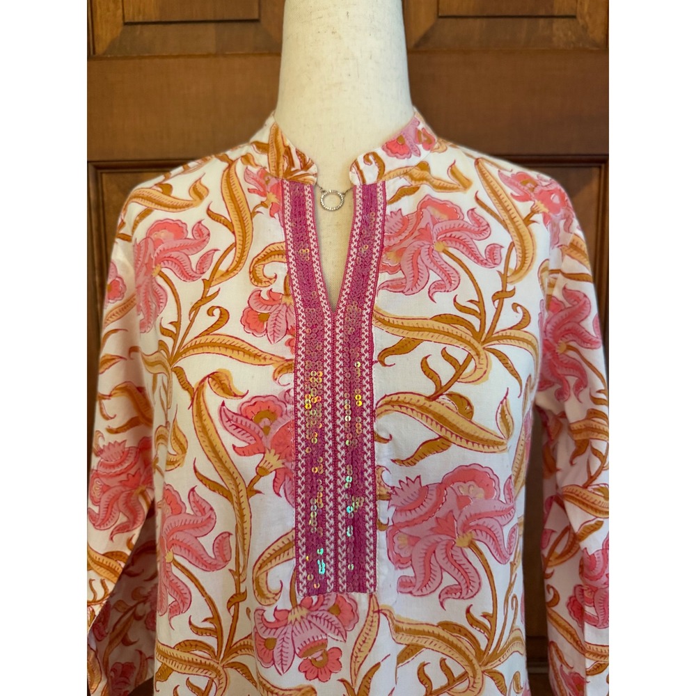 Westside Printed Cotton Tunic Shirt Womens Size M Floral Pink Sequin Lightweight